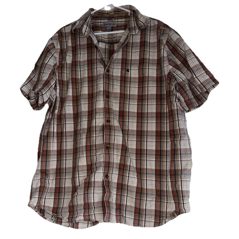Carhartt 103551 Men’s Essential Plaid Open Collar Short Sleeve Shirt Sz XL Tan